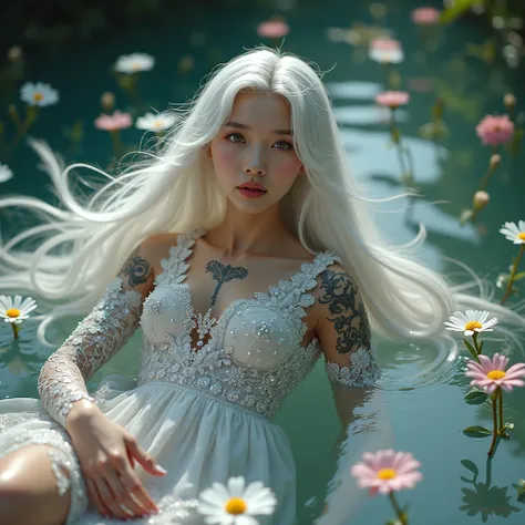 Floating on the lake pose, in water most beautiful flowers, she have Korean face, hot body, large breast,pink eyes, absurdle long hair, hair is flying, entire background is surrounded by flowers, she is a princess, wedding dress made out of white diamonds,...