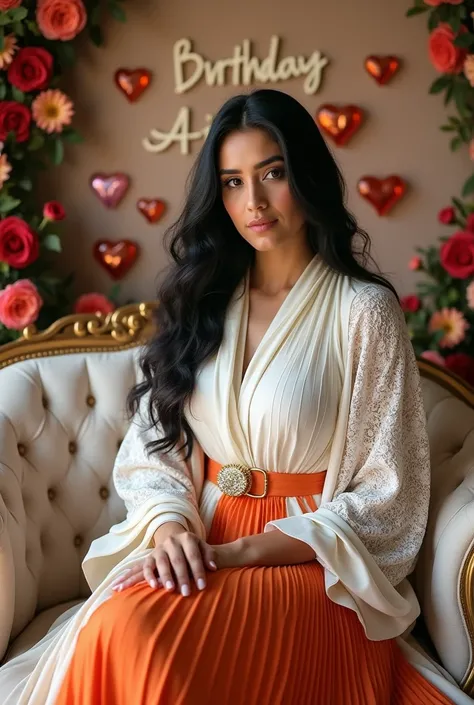 Iranian woman with black hair wearing a long pleated white abaya with wide guipure sleeves, a white shawl, a belt and a pleated orange skirt with large breasts sitting on a luxurious single sofa and a wall decorated with flowers, looking at the camera in t...