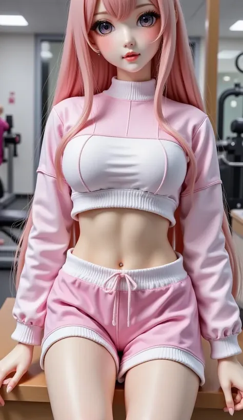 (Masterpiece, best quality: 1.2), 1 girl, alone, exquisite hair color, (wearing pink and white sexy shorts and tracksuit: 1.2), too big, radiant skin, wearing glasses, earrings (( (Excited expression))) Blushing, at the gym, extra large breasts, big breast...