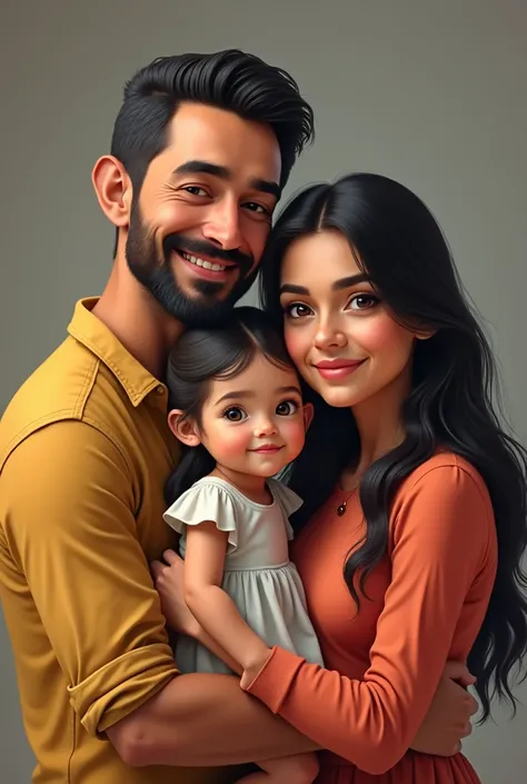 A middle-aged Hispanic man with a beard, holding a young Hispanic girl, posing with a middle-aged Hispanic woman with long dark hair