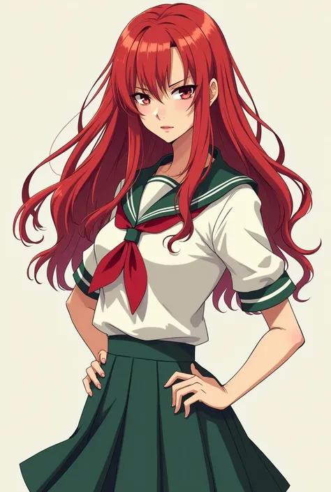  Manga characters,  18-year-old female ,  with long red hair ,  outfit with a cold look and arrogant expression,  wearing a school uniform , In the color white and dark green 