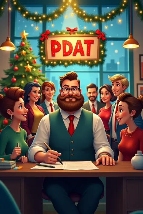 Disney-style poster of an office with Christmas decoration and with a sign that says PDAT,  that in the office there is a handsome boss with a beard and well dressed and 12 collaborators