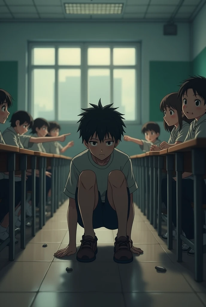 an anime boy sitting in the corner of a classroom, hunched over, wide shot, focus on the boy with sad expression, distant background of anime classmates laughing and pointing, muted lighting, detailed anime-style classroom, soft warm tones, cinematic compo...