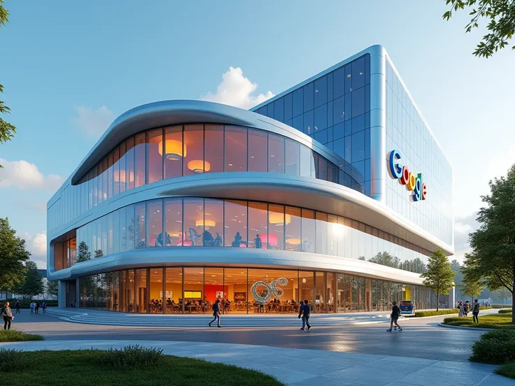 "A futuristic and vibrant Google office building with a sleek, modern design, and the iconic Google logo prominently displayed at the front entrance. The building features an innovative, glass-walled structure with clean lines and a mix of colorful, dynami...