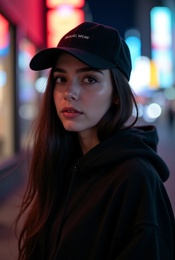 A young woman with long, flowing dark hair wearing a black cap and a black hoodie, set against a softly blurred background of colorful city lights. Her expression is calm and thoughtful, with subtle makeup enhancing her natural beauty. The atmosphere is ur...