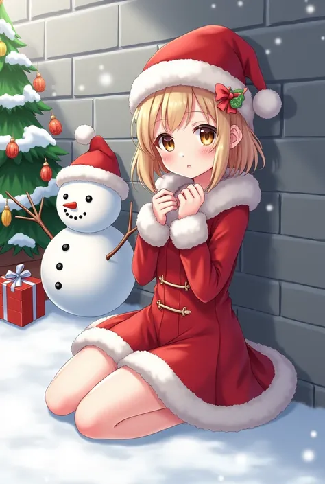  Japanese anime version of a beautiful girl in a Santa Claus outfit with a red and white hat sitting leaning against a wall in the snow with a Christmas tree and a snowman decorated with inscriptions " Merry Christmas " Clemens  "