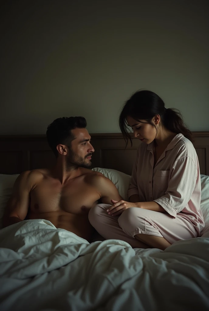 An emotionally charged bedroom scene with soft, dim lighting. A strong, muscular man lies on the bed, his face expressionless as he rests, seemingly lost in thought or oblivious. Beside him, a woman sits on the edge of the bed, her posture slouched with sa...