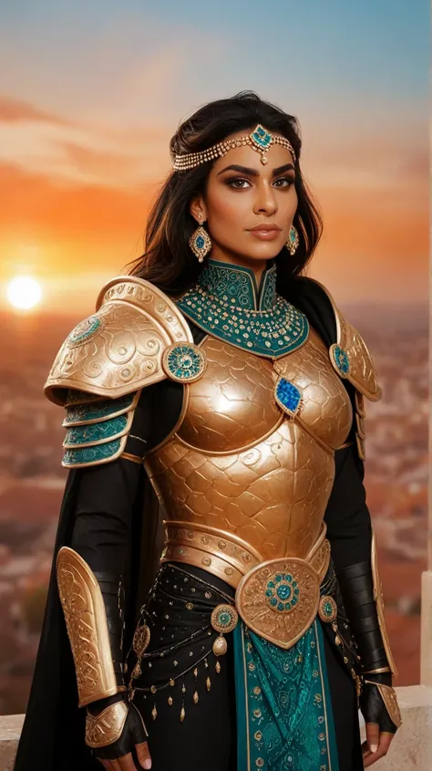 "Black Panther in hyper-realistic detail, wearing an intricate black-and-gold suit inspired by Indian traditional motifs. The chest armor features paisley patterns, and his gauntlets are adorned with golden bangles. A glowing blue jewel sits on his forehea...