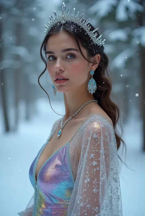 professional photo shoot, magazine shoot, woman in iridescent dress, glitter on skin, crystal or glass accessories.
Decor: snowy trees, ice, mirrors, cold light garlands.
Location: snowy forest or studio with ice imitation.
Effects: haze, snowfall, reflect...