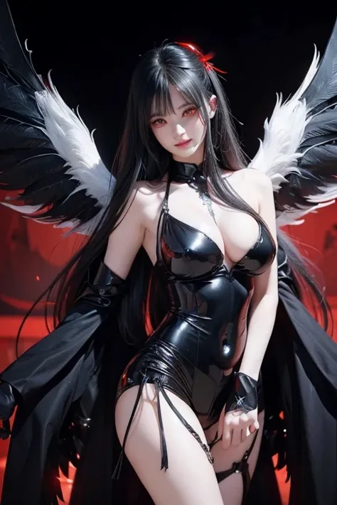 ladydevimon, wings,grey Hair, ((red eyes)), bare face , fair skin, laugh,masterpiece, best quality, in detail,cute (big breasts), (split), whole body, ((black Angel Wings1.5)), Best image quality、masterpiece、8k、Anime Face、A kind smile、 beautiful body 、Cowb...