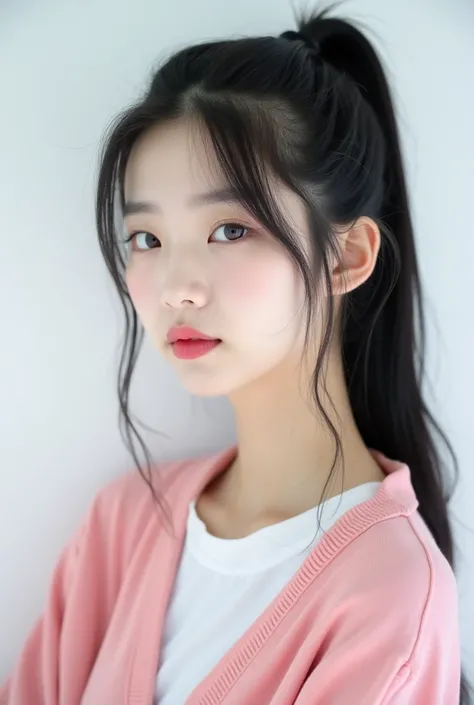 A beautiful Korean teenage girl with black hair. She is eighteen years old with a Korean face. She is wearing a pink cardigan. She has a quiet, indifferent, and stern appearance without a smile and a serious face. She is posing for a photoshoot like an ido...