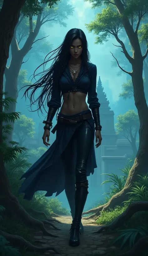 Girl, black skin, black hair, yellow eyes, forest, bellyfree, blue sky, temple, show whole body,  black clothes, Assassine, plait, darker skin