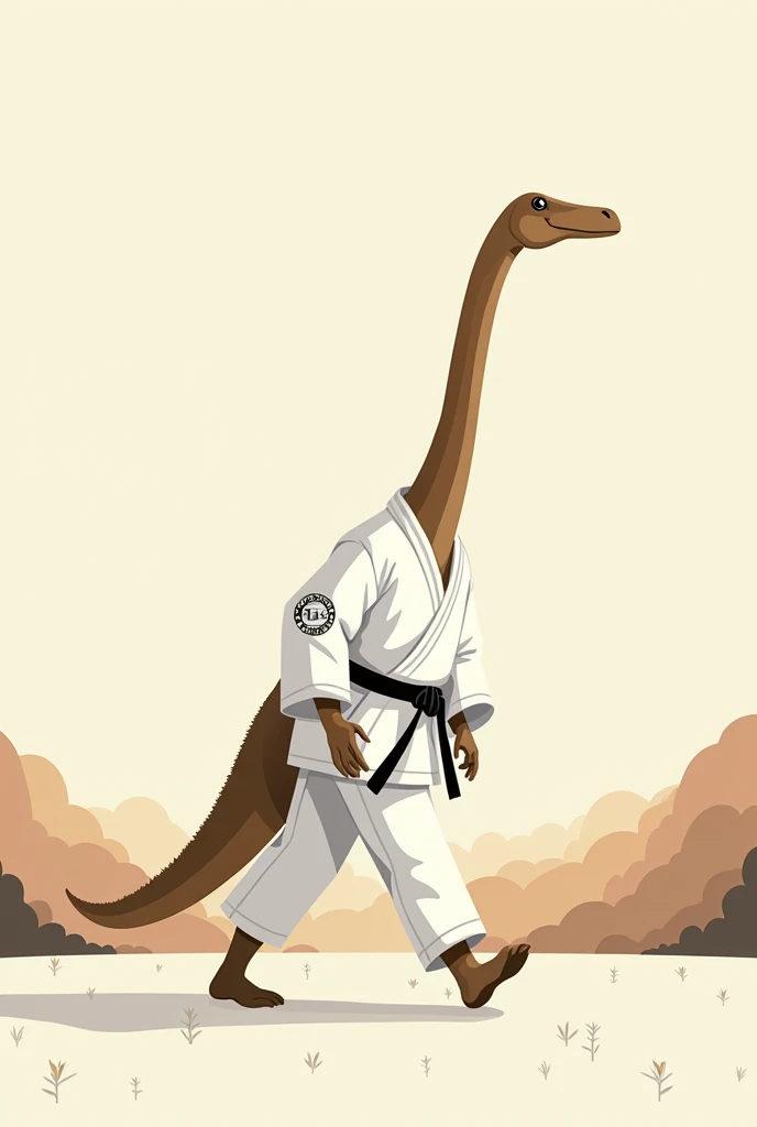 Dinosaur with long neck, walking 4 legs, wearing a white judo suit, black strap in a minimal cartoon shape for logo.
