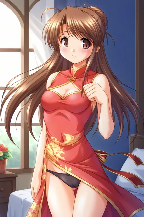 Honami Fujieda, (cowboy shot),  brown eyes, yellow eyes,  brown hair ,  , bangs, side lock, Hair up ,  long hair, Hair Bun, single Hair Bun, (Open-chested Chinese dress:1.3), (long slit:1.3),  small breasts,  cleavage, (show off black panties), ( Sexy Pose...