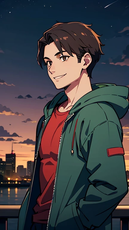 1man，alone，   male focus，dark hair，   tall   ， Finger sleeves ，  Lightweight Hooded Jacket，Round Neck Shirt   ，  brown eyes  ，  upper body，Smile，   double pockets   ，City Waterfront   ，dusk，martial artist