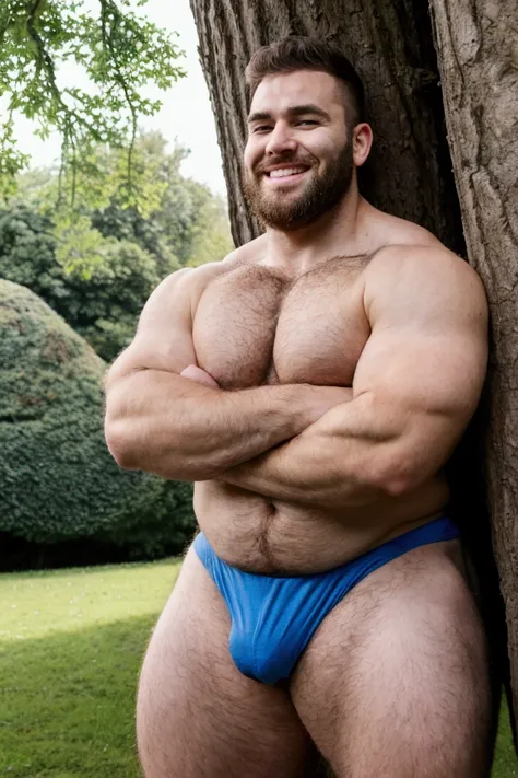  Muscular man with his arms crossed standing under a huge tree,  unclothed only in blue underwear with a large volume ,  with the part above the underwear full of hair foreskin, hairy and fat abdomen with big hairy breasts ,  strong and furry arms ,  big a...