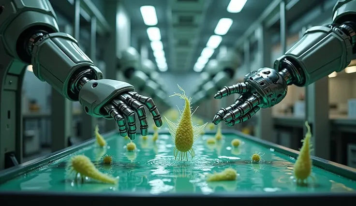 Steady shot of multiple bioengineering stations, robotic limbs seamlessly connecting to organic structures, glistening nutrient fluids, evocative cinematic atmosphere