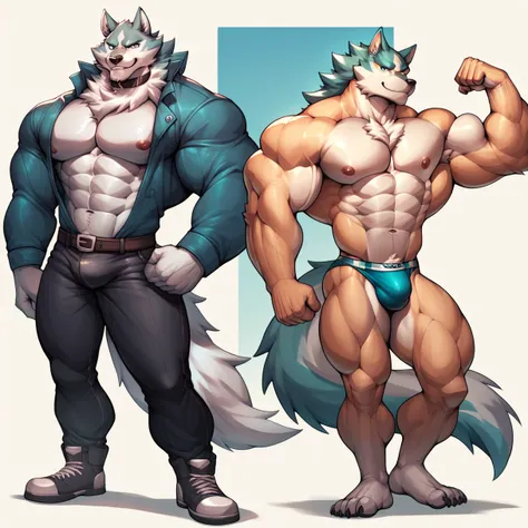 shirou ogami, wolf anthro, muscular, body-builder, lobo, the second, large pectorals, venous muscles, Huge muscles, thin waist, flexing, wearing speedo, smiling, full body