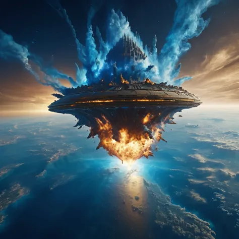  The earth opened when a celestial body fell ,  a huge spaceship lies on the edges of the ocean, smokes and burns ,  , formations of blue ether rise above its oclopus ,  High definition,  better quality ,  High detail,  Ultra-high definition , 