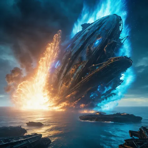 a vast crashed alien spaceship on the edge of a turbulent ocean, thick plumes of smoke and flames, glowing blue ethereal energy swirling above the wreckage, (best quality,4k,8k,highres,masterpiece:1.2),ultra-detailed,(realistic,photorealistic,photo-realist...