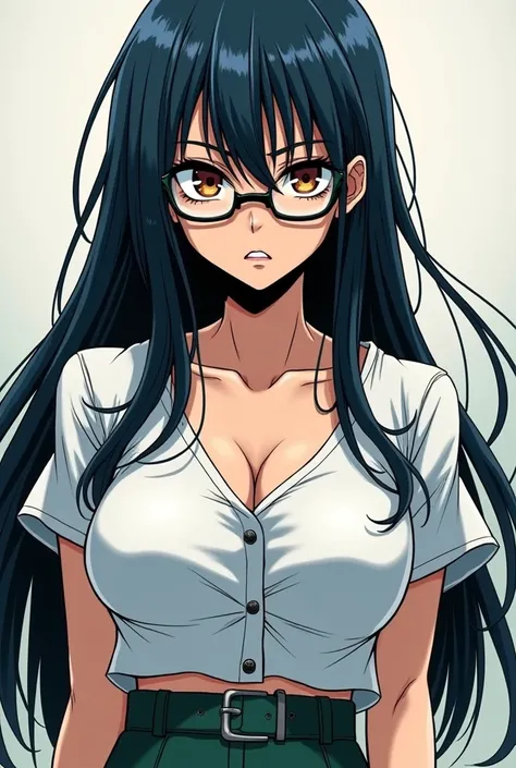  Manga characters, Woman of 36 years old, With long dark blue hair , and wears glasses,  with a cold look and a psychopathic expression,  neckline and large breasts,  wearing a school uniform , In the color white and dark green,  manga version 