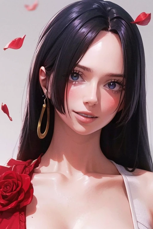 best quality, Masterpiece, Highly detailed,1 girl, ((rose)), (vine), cage, bandage, Red Rope, (detailed lighting), falling rose petals, Boa Hancock, (no:1.5), (Masterpiece:1.5), Detailed photos, smile, sexy, (8K, realistic, best quality: 1.4), (1 girl), be...