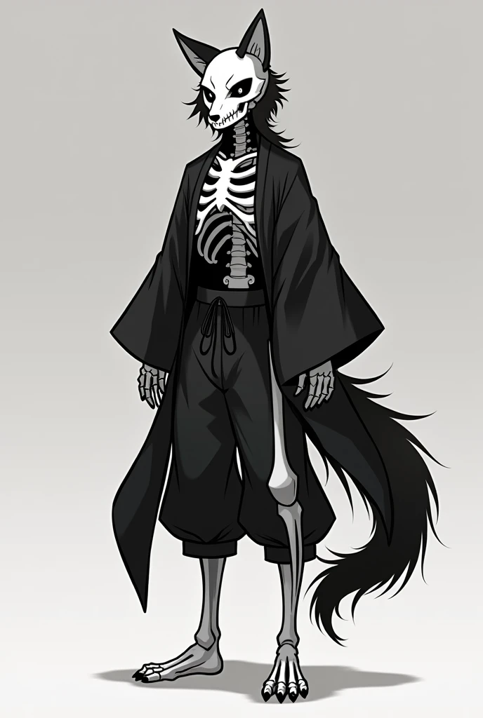 a Alphatale oc that is a skeleton. Its going to be half white, half black, Without ears or tail please , just the bone structure of wolfs legs and kimono should be about waist long with lose pants