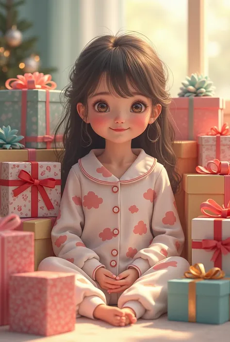 A girl sitting with lots of gift boxes around wearing cloud pajamas