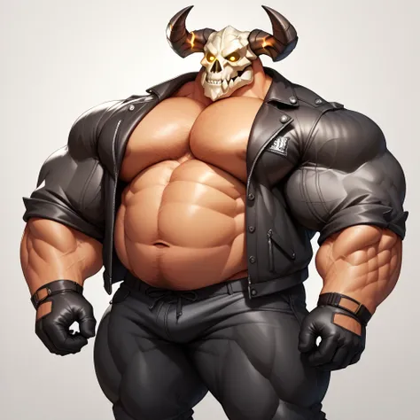 a man with a big giant musclegut tall wide body and big fat belly using black leather jacket, black shirt, black pants, black gloves and skull helmet which cover every face with horn on the both side. standing still, solo, very big body, very tall body, ve...