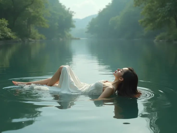  A young woman , dressed in white lying in the lake with her back to the camera