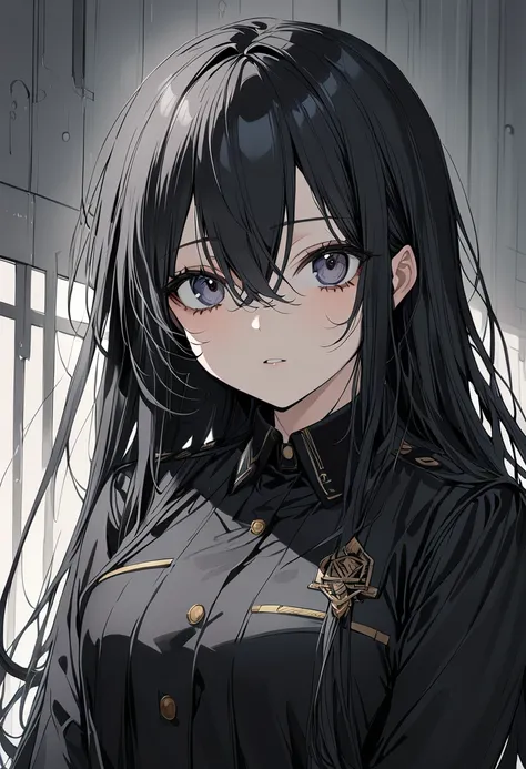 1 girl, black hair, hair between eyes, moles under the eyes, high detail, beautiful, long hair, ((black uniform)), academic cloth, (((uniform))), school academy uniform