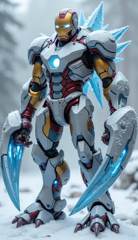 create 32k massive, muscular, and mutated hybrid resembling an armored, evolved snow scorpion fused with Iron Man. The hybrid retains the frosty white, icy blue, and frost gray tones of the snow scorpion, seamlessly combined with Iron Man’s metallic red an...