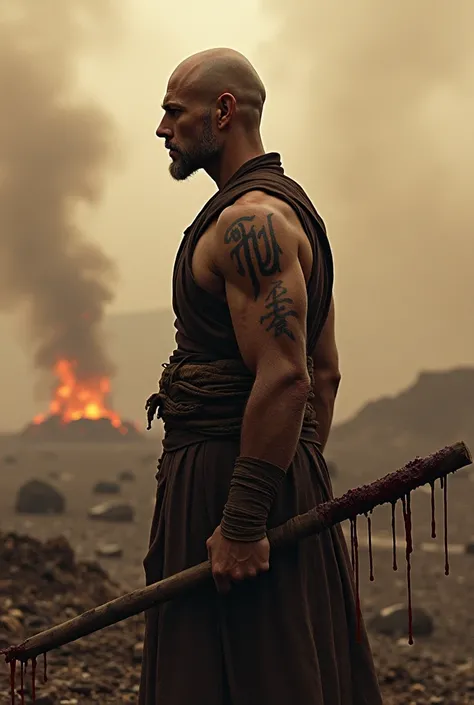 Warrior monk in profile with a tattoo written TuO on his shoulder holding a staff that is still bloody and standing on a still smoking battlefield