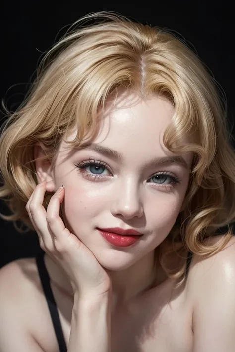 /imagine an image of Marylin Monroe em sua fase adulta with her face tilted to the right and with both hands close to the side of her face, and she is smiling and with red lipstick on her face, she must be very sexy and happy, with her curly blonde hair an...