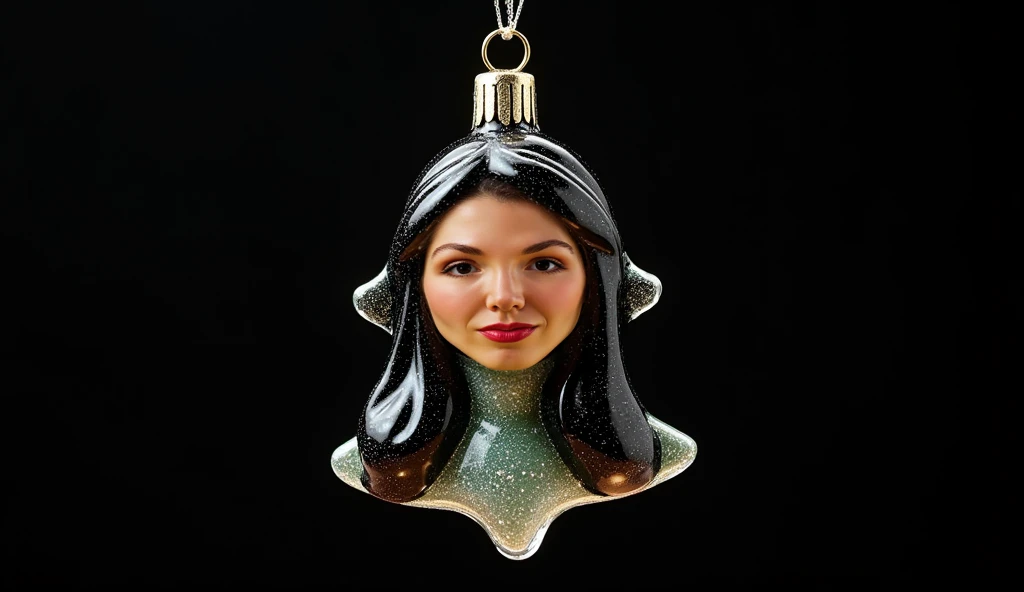  A Christmas tree toy in the shape of a face ,  girl with dark long stylized hair,  smiles, A masterpiece of art,  translucent glass toy with sparkles ,  made of glass ,  hung on a thin shiny thread , black background 