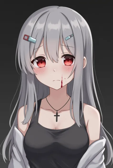 The girl has long, silvery-gray hair, styled with two small clips near her part. Her eyes are a striking red, and her expression is one of mild sadness or weariness. Theres a small amount of blood visible near her nose. Her skin tone is light, and she has ...