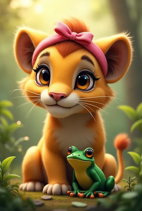 Create a lioness wearing cute pink hairband and create a cute frog on side