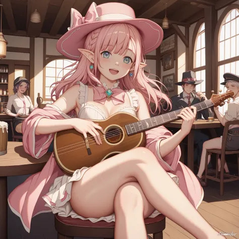 solo、Young girl、Adventurer、Bard、 slightly pointed ears 、 pink hair、Half Bob、 put on a bow 、Twist your hair 、dark skin、Freckles、 shocking pink hat with a wide brim、(frog on a hat)、 shocking pink flashy costume 、The shabby costume、Holding an instrument、Hedon...