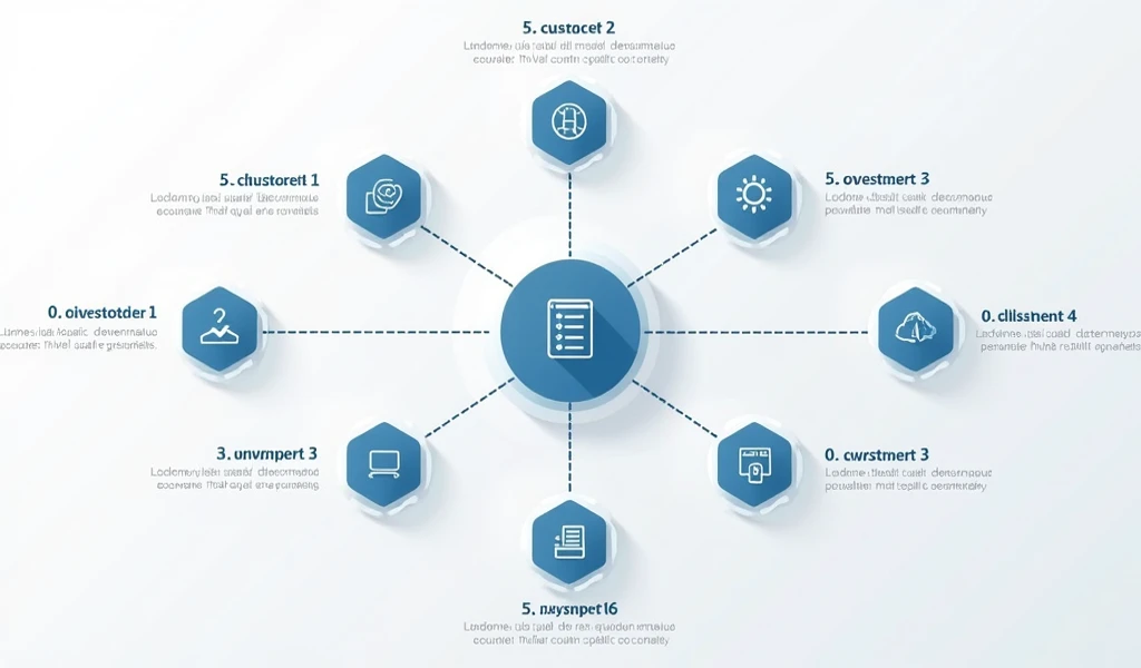 "An infographic-style image featuring a central element surrounded by 11 distinct components, each represented as individual icons or shapes. The components are evenly spaced around the central hub, connected by sleek lines or pathways. The design is clean...