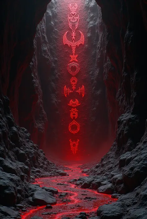 Vampire hieroglyphics that push in red , Written all over the black rock walls of a rock hall.