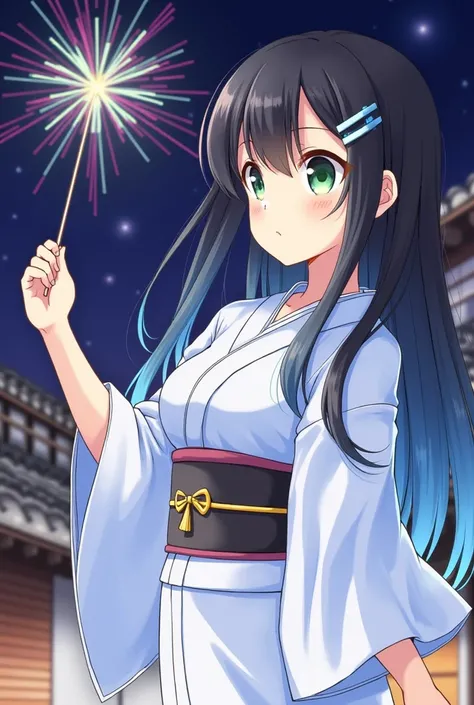 (masterpiece, best quality, highres:1.4), wallpaper, full body, 1girl, long hair, (blue hair:1.0), (black hair:1.0), green eyes, multicolored hair, gradient hair, small breast, facing to the side, yukata , holding party popper, night, hairclip, bangs,