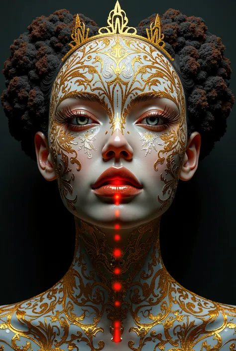 Lacquer art, scifi futuristic archviz, brutalist porcelain skin texture, shiny rangoli led neon particles flow out of her nostrils, graphic novel illustration --chaos 11 --ar 2:3 --personalize kd84prm --stylize 420 --v 6, dark ^ background, inlaid gold and...