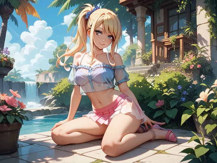 
iris heart,lucy heartfilia,sexy,full body,pink mini skirt,see through short top