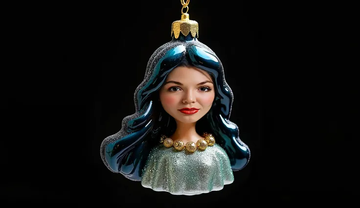  A Christmas tree toy in the shape of a face ,  girl with dark long stylized hair,  smiles, A masterpiece of art,  translucent glass toy with sparkles ,  made of glass ,  hung on a thin shiny thread , black background 