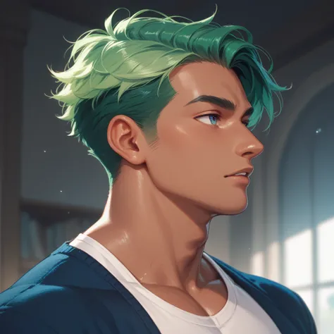 man with tanned skin,  green hair,  looking forward  