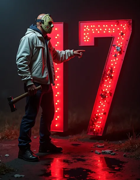 (Photorealism:1.2),  Jason Voorhees in a white jacket pointing to a large number larger than him, The number is  (17)  made of steel with some blood marks ,  Jason has an axe stuck in the ground , night and reflection of vibrant red light  