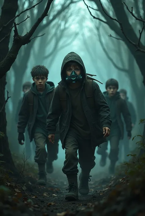 Create a cover horrifying and real picture of a book titled co-hid . In the cover picture add group of boys on a trip in the forest and one of them wearing oxygen mask 