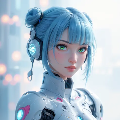  A young woman with bright blue hair, styled in two buns, stares intensely at the viewer. She wears a white and gray futuristic suit with intricate details and a headset with a glowing green light. Her eyes are large and blue, and her lips are painted a so...