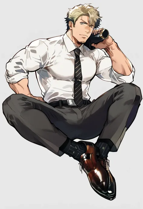 male focus, muscled male, solo, ikemen, mature, male only, swedish, blond, tough man, bold, eyes fix, flat chest, sturdy waist, 50 years old, office worker, collared shirt, tie, three piece suit, belt, slacks, tight clothes, whole body, sitting, invisible ...