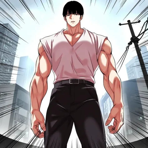 A scene in "Lookism" Manhwa featuring a Tall male athletic figure with bowl-cut hairstyle 